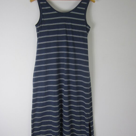 Uniqlo Womens L Navy Blue White Sleeveless Knit Maxi Dress Cotton Modal Nautical - Picture 2 of 9